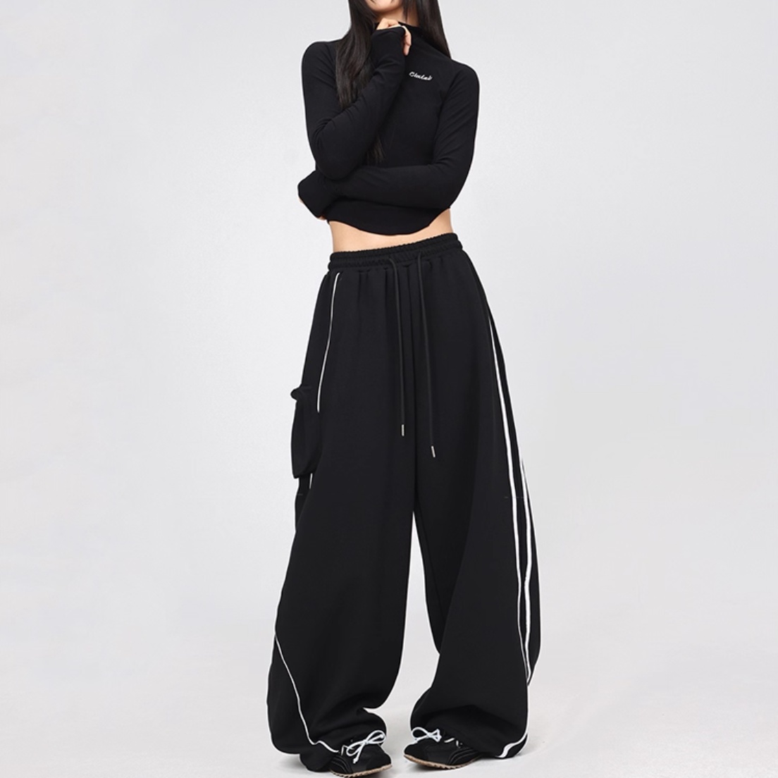 Black Asymmetric Stitching Sports Pants Long-sleeved Top