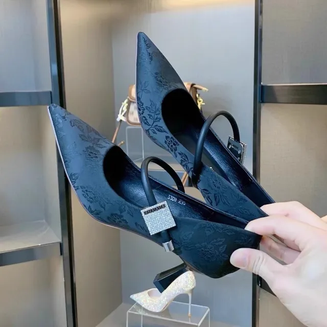 Pointed Toe Embroidery Low cut High Heels Women's Stiletto Heel Black - Shop at LoveMi