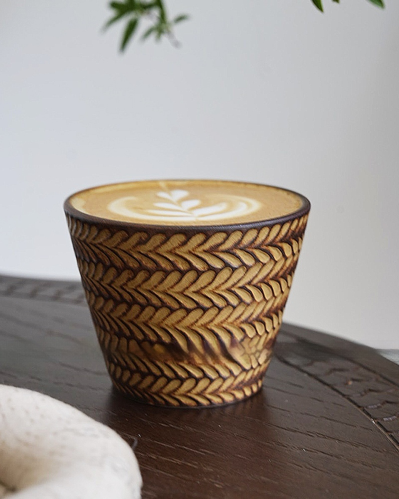 Retro Glaze Kiln Embossed Wheat Pattern Ceramic Cup