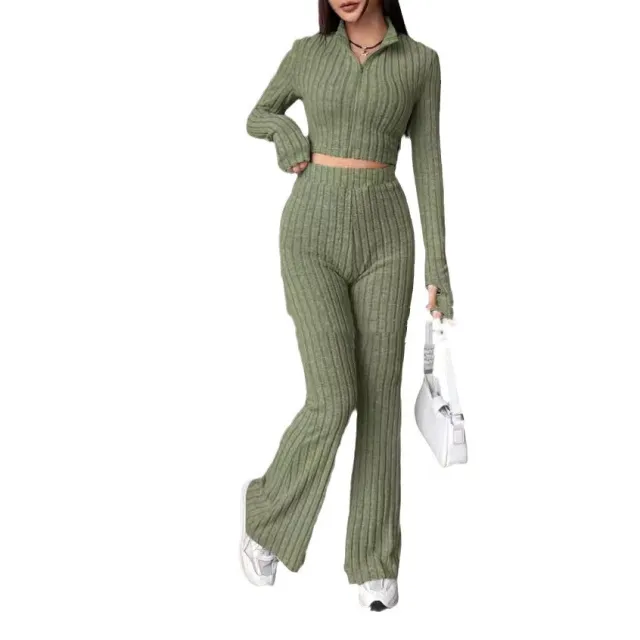Solid Color Knitted Long Sleeve Turtlenecks Wide Leg High Waist Trousers Suit Green - Shop at LoveMi