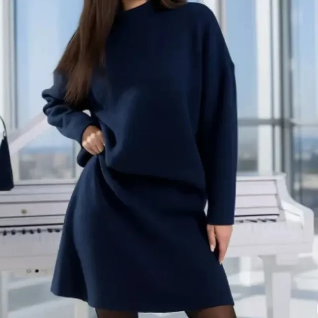 Mock Neck Sweater Autumn And Winter Knitting Top A Line Skirt Two Pieces Navy Blue - Shop at LoveMi