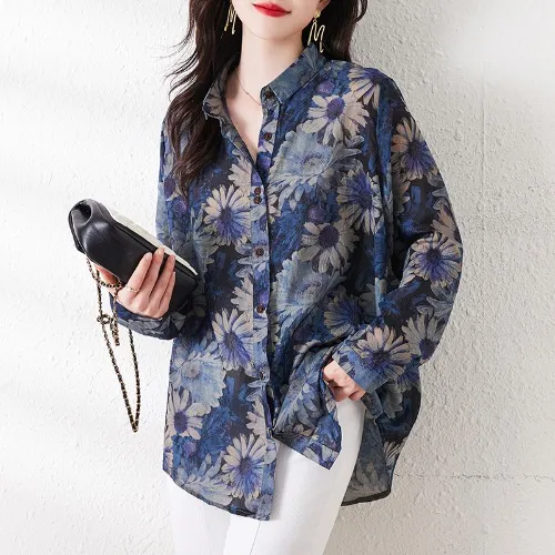 Plus Size Sun Protection Women's Loose Chiffon Shirt Ink Blue - Shop at LoveMi