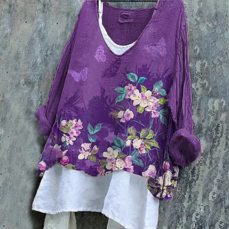 Women's Purple Consciousness Floral Design Print V-neck Top - Purple