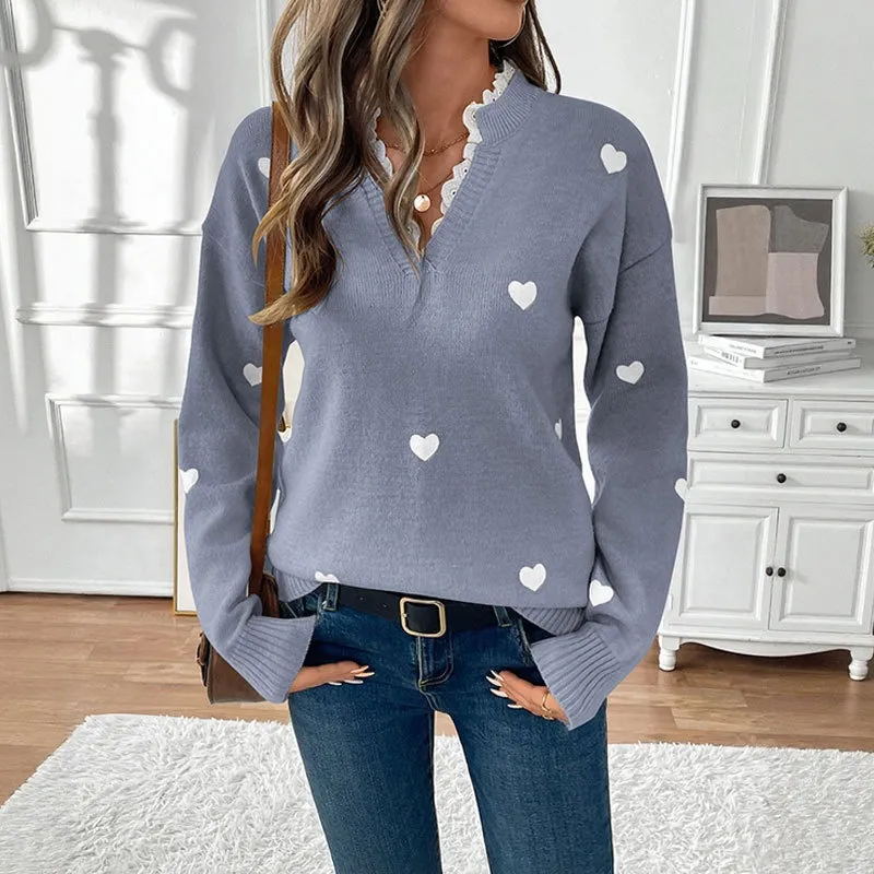 Valentine's Day Clothing V-neck Love Sweater For Women - Blue