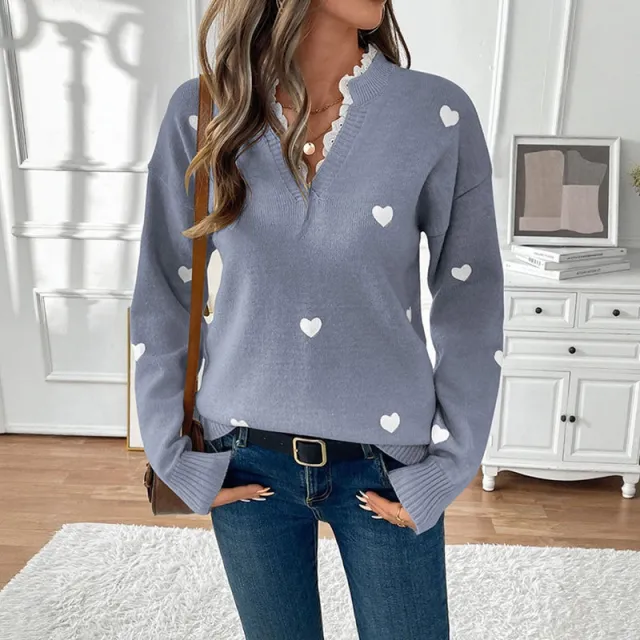 Valentine's Day Clothing V neck Love Sweater For Women Blue - Shop at LoveMi