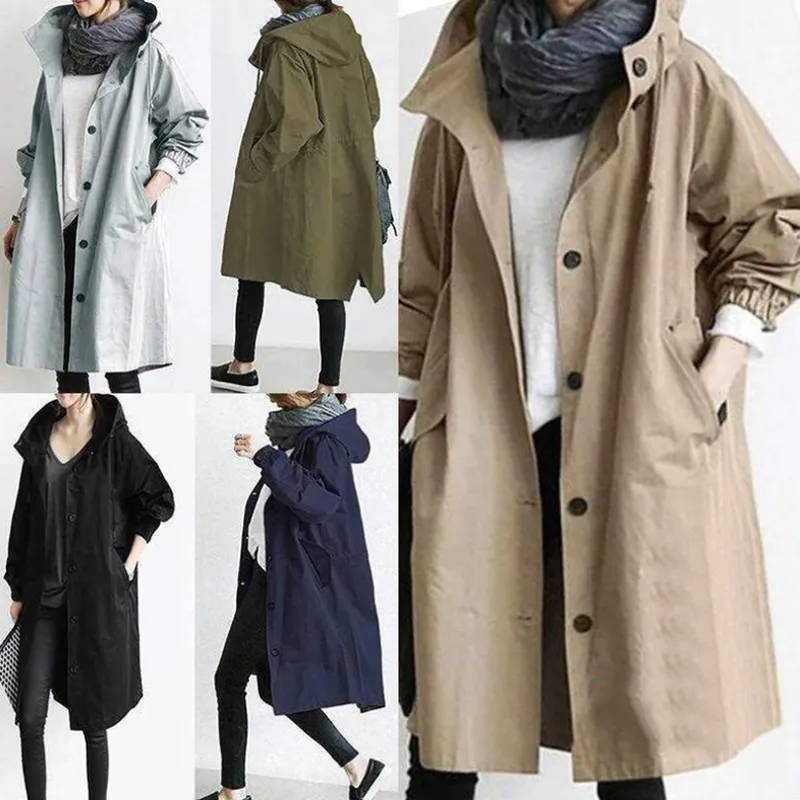 Women Windbreaker Jacket Casual Loose Button Pockets Hooded Quick