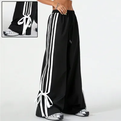 High Waist Wide Leg Pants Women's Spring Summer New Style Three Bars Drawstring Cuffed Straight Casual Extended Sports Trousers