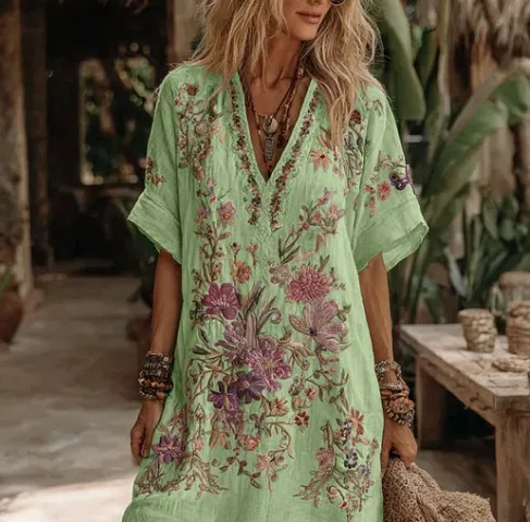 Women's Floral Art V Neck Comfy Midi Dress Green - Shop at LoveMi