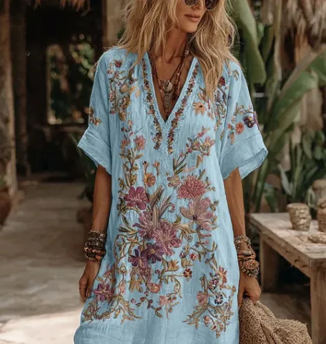 Women's Floral Art V Neck Comfy Midi Dress Blue - Shop at LoveMi