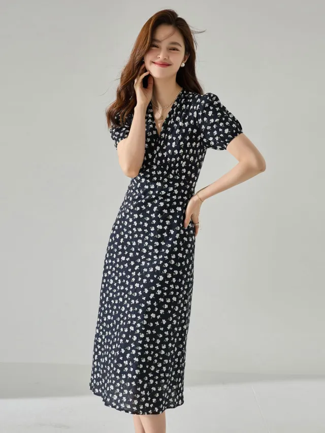 Small Floral High Waist V neck Slimming Mid length Dress Black - Shop at LoveMi