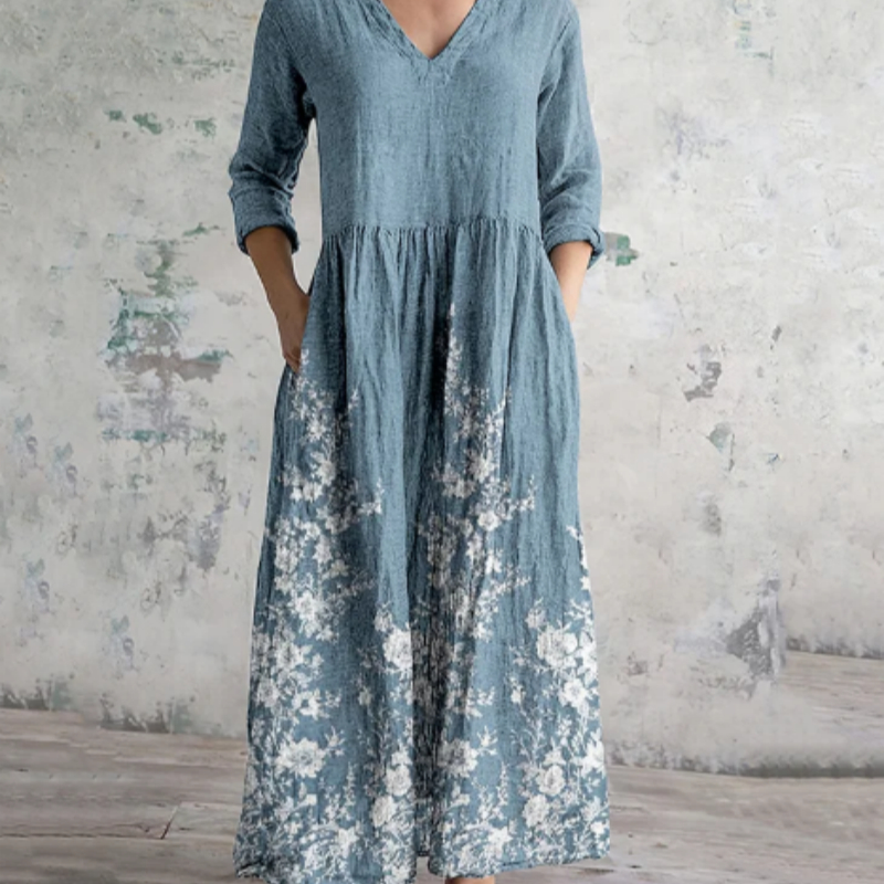 Women's Vintage Floral Print Lace Art Linen Dress