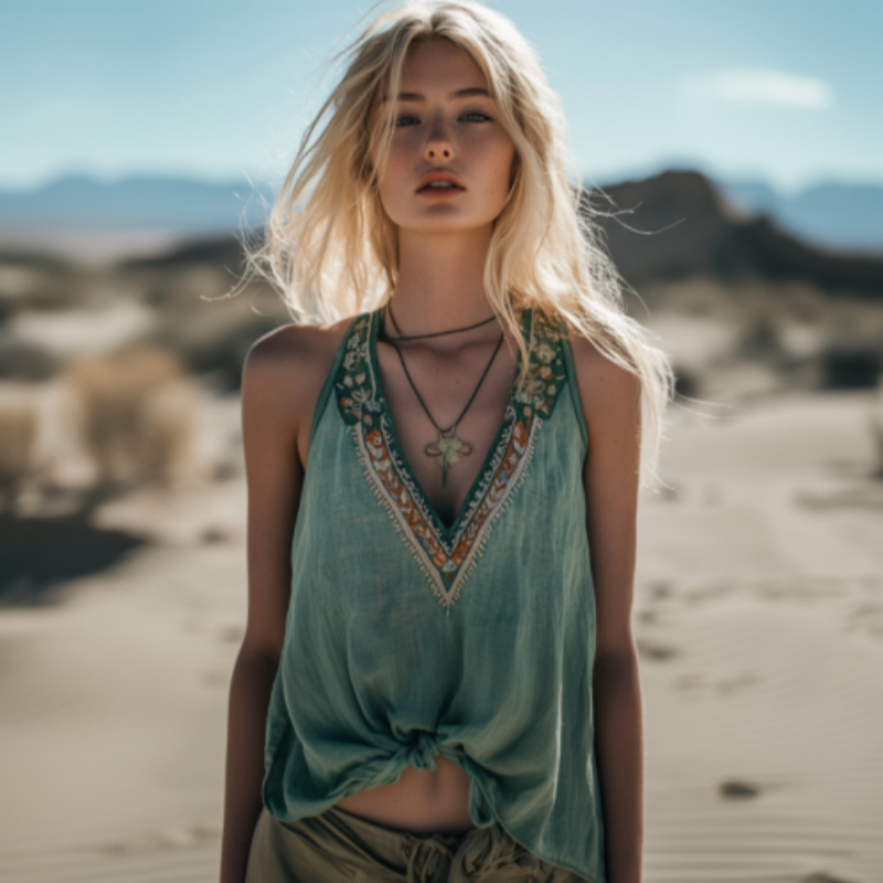 Women's Bohemia Ethnic Art Linen V-neek Tank Top