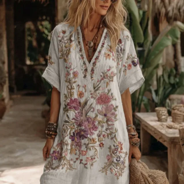 Women's Floral Art V Neck Comfy Midi Dress Floral - Shop at LoveMi