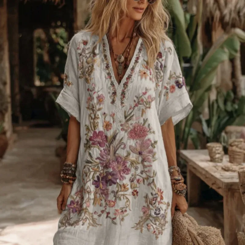 Women's Floral Art V Neck Comfy Midi Dress - Floral