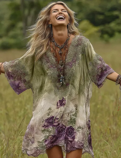 Lavender Floral Printed Midi Dress - Lavender - View 1