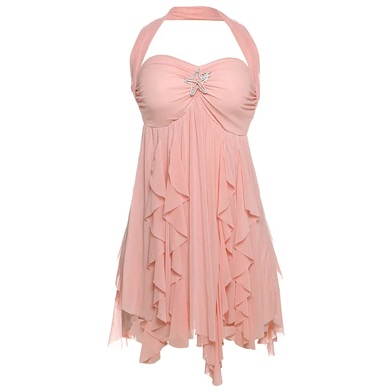 Ins Halter Neck Backless Dress Summer Sexy Printed Irregular Mesh Short Dresses For Evening Party Club Women's Clothing - Pink