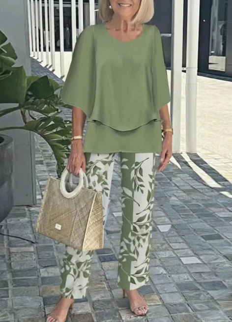 Summer Floral Print Short-Sleeve Top  Loose Pants Two-Piece Set