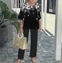 Summer Floral Print Short-Sleeve Top Loose Pants Two-Piece Set - 10Color - View 1