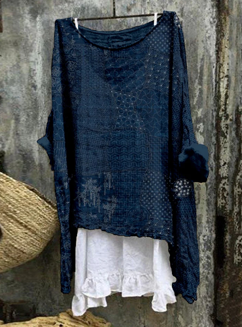 Japanese Traditional Sashiko Art Linen Blend Flowy Long-sleeve Top