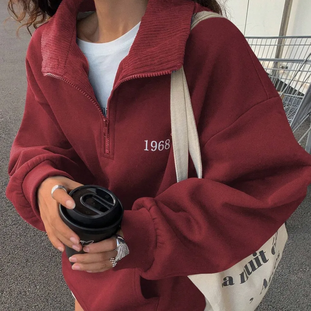 Women's Loose Wool Sports Sweater With A Collar - Burgundy