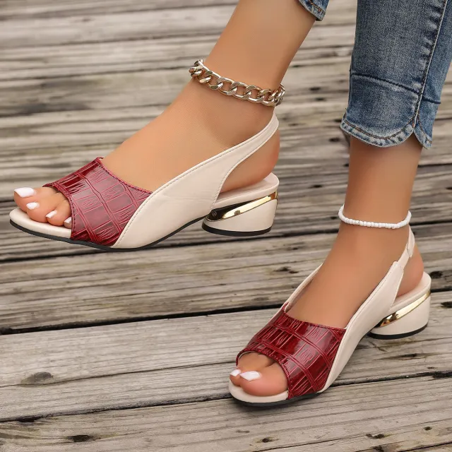 Ins Plaid Stone Pattern Sandals Summer Peep Toe Block Heels Ankle strap Office Shoes For Women Red - Shop at LoveMi