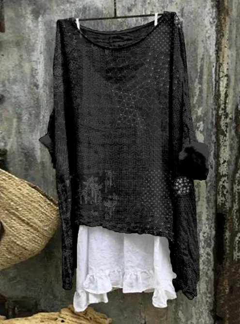 Japanese Traditional Sashiko Art Linen Blend Flowy Long sleeve Top Black - Shop at LoveMi