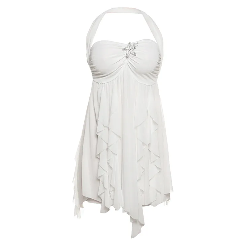 Ins Halter Neck Backless Dress Summer Sexy Printed Irregular Mesh Short Dresses For Evening Party Club Women's Clothing - White