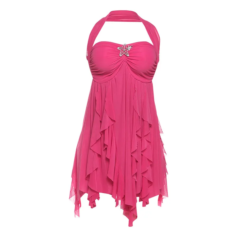 Ins Halter Neck Backless Dress Summer Sexy Printed Irregular Mesh Short Dresses For Evening Party Club Women's Clothing - Rose Red