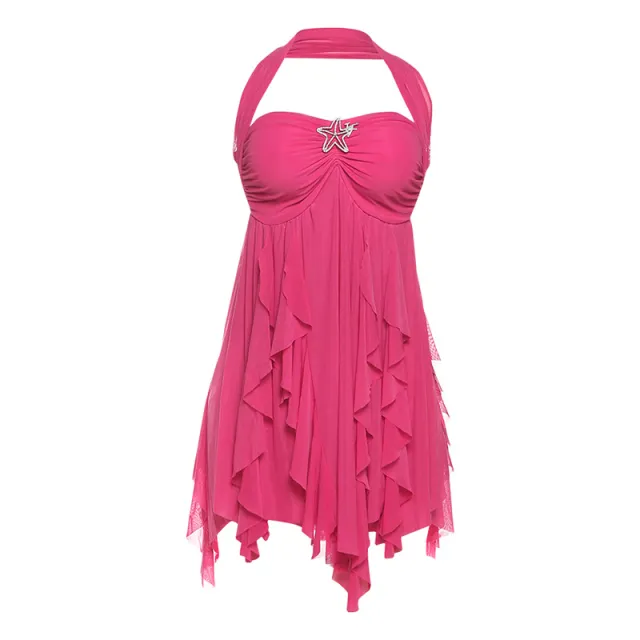 Ins Halter Neck Backless Dress Summer Sexy Printed Irregular Mesh Short Dresses For Evening Party Club Women's Clothing Rose Red - Shop at LoveMi