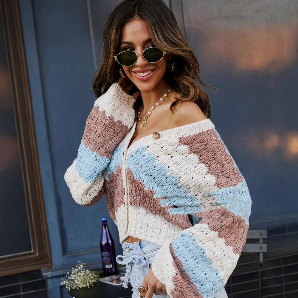 Women's Contrast Color V-neck Long Sleeve Loose