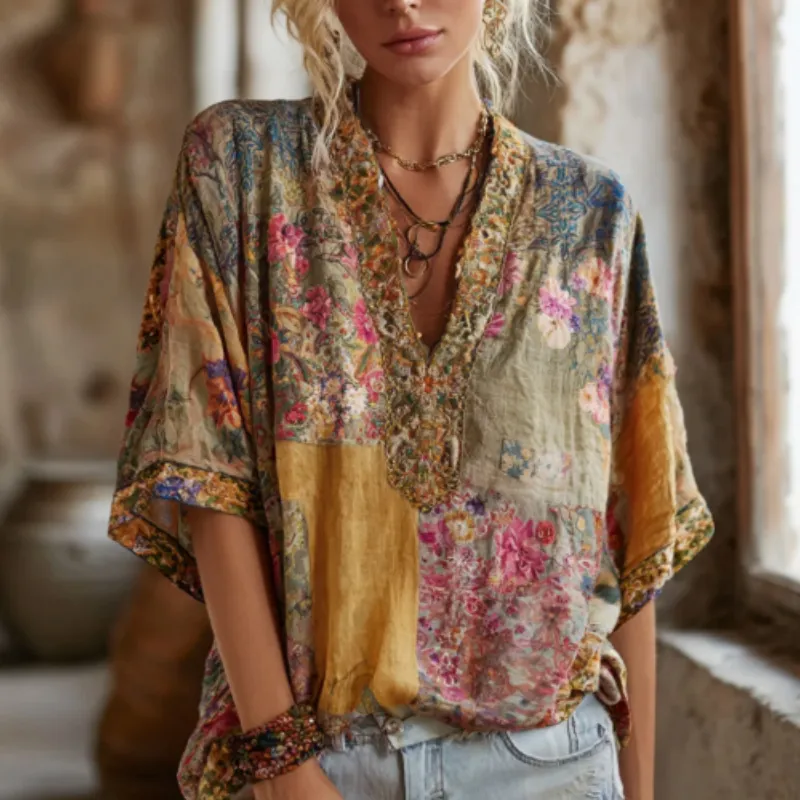Flower Vintage Tie-dye V-neck Short-sleeve Shirt - Yellow