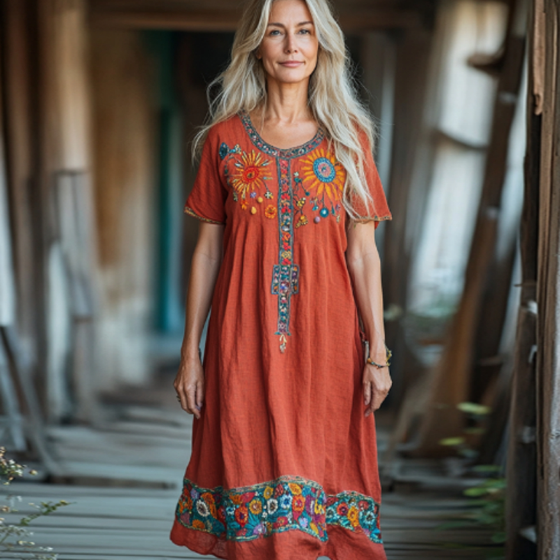 Women's Vintage Bohemian Floral Print Short Sleeve Loose Midi Dress Orange - Shop at LoveMi