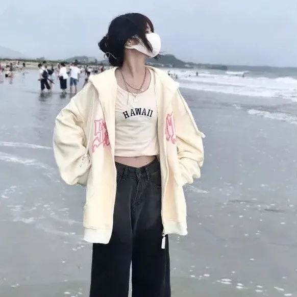 Apricot Sweater Letter Printed Cardigan Zipper Coat - Apricot