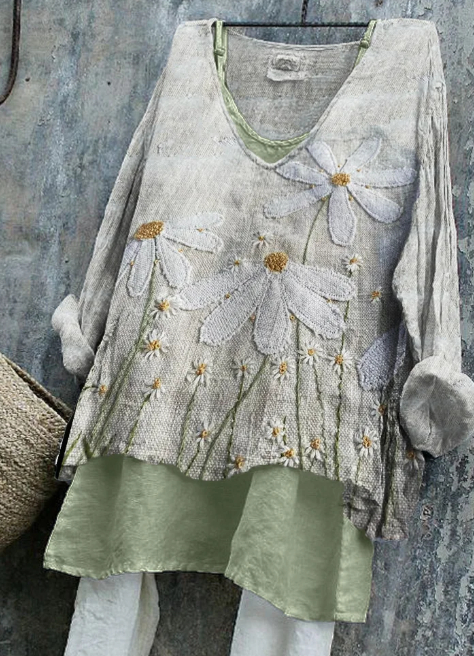 Cottage Daisies Floral Fiber Art Linen Long-sleeve Top