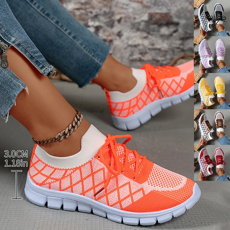 Colorblock Plaid Lace-Up Flyknit Sneakers Mesh Casual Shoes Fashion
