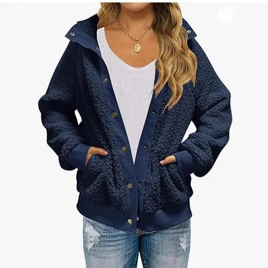 Cardigan Coat Thickened Fleece Pocket Pure Color Warm Keeping Coat For Women - Dark Blue