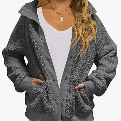 Cardigan Coat Thickened Fleece Pocket Pure Color Warm Keeping Coat For Women - Gray