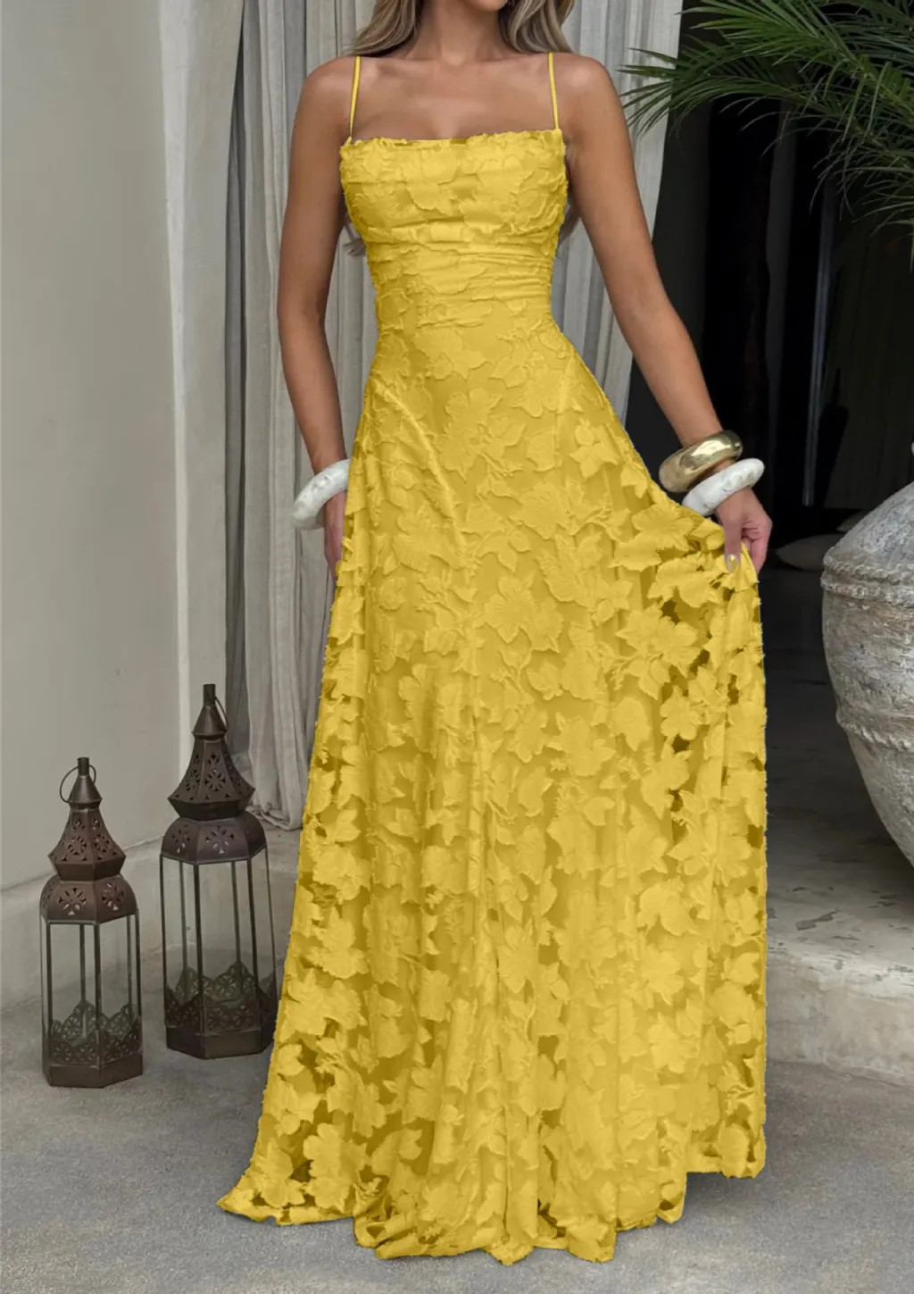 Summer Women's Sexy Sling Chiffon Elegant Backless Dress - Yellow