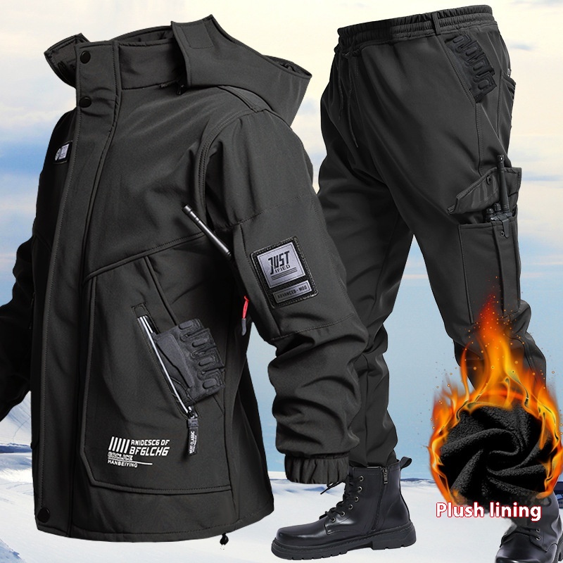Autumn And Winter Fleece-lined Waterproof Jacket Suit
