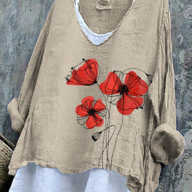 Retro Flowers Art Linen Long-sleeve Top