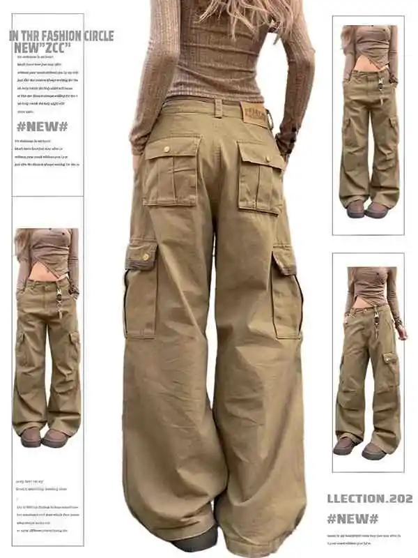 Retro Multi pocket Workwear Jeans Women's Loose Wide leg Casual Pants Khaki - Shop at LoveMi