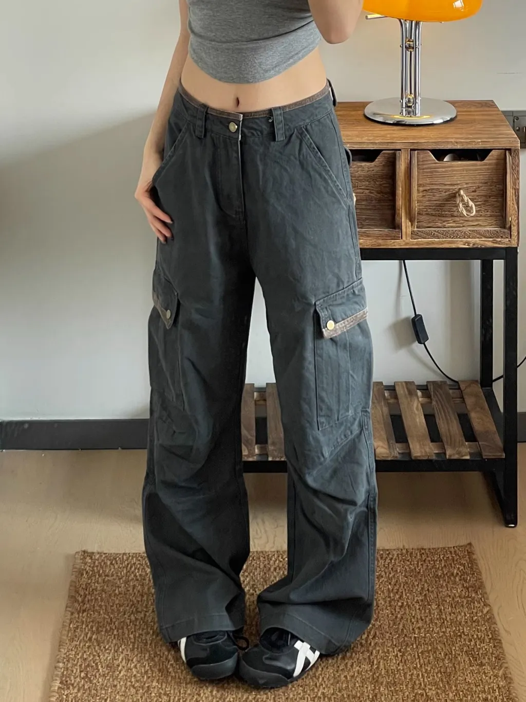 Retro Multi-pocket Workwear Jeans Women's Loose Wide-leg Casual Pants - Dark Gray