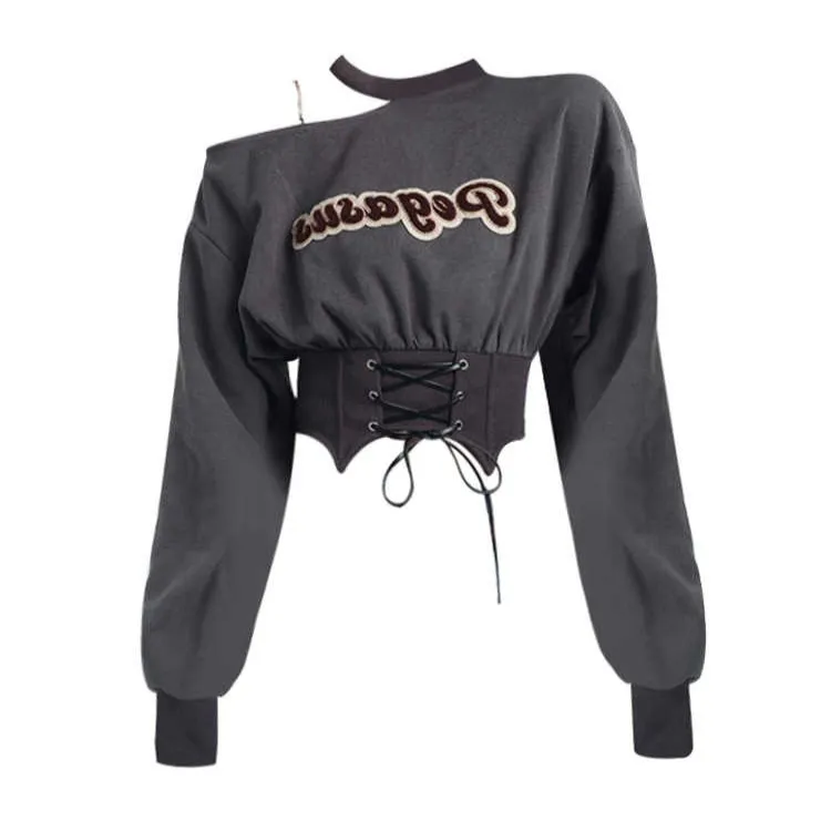 Off-shoulder Sweater Waist Seal Long Sleeve Halter Top - Dark Gray