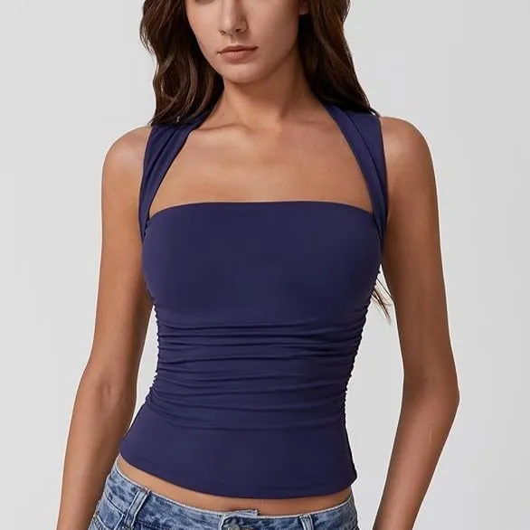 Summer Square neck Tank Vest Ins Fashion Slim Solid Sleeveless Tops For Women Clothing Navy Blue - Shop at LoveMi