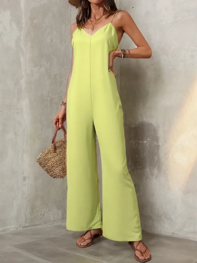 Elegant Solid Color Baggy Straight Trousers Casual Jumpsuit Green - Shop at LoveMi