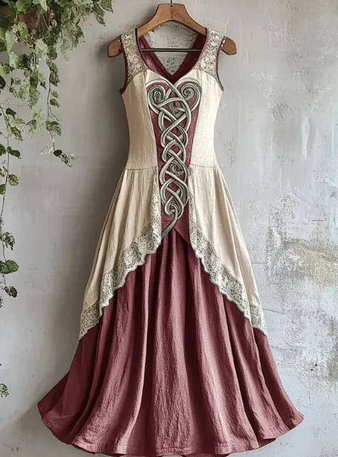 Viking Tribal Celtic Knot Art Lace Linen Tank Dress Pink - Shop at LoveMi