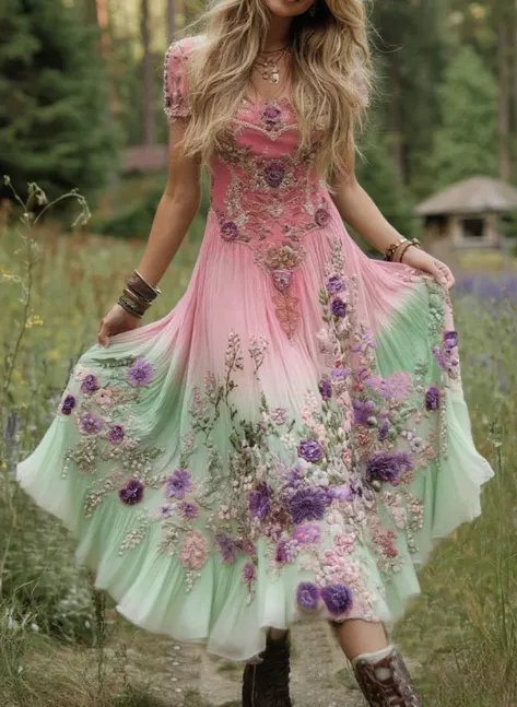 Gradient Lavender Floral Print Linen Maxi Dress Pink Green - Shop at LoveMi