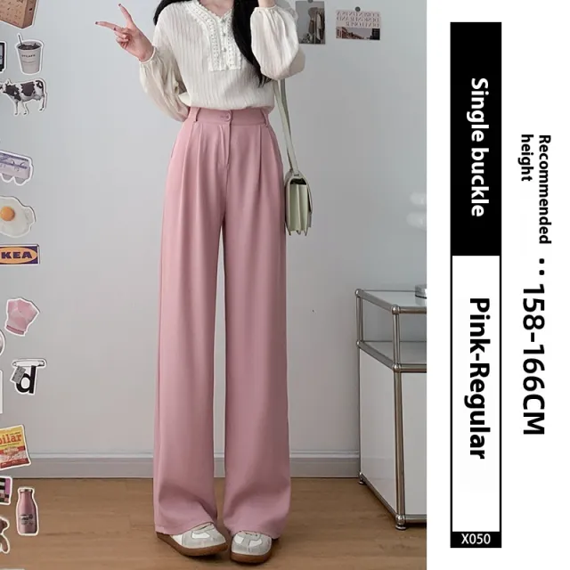 Loose Ice Silk Drape Wide leg Straight Trousers Pink - Shop at LoveMi