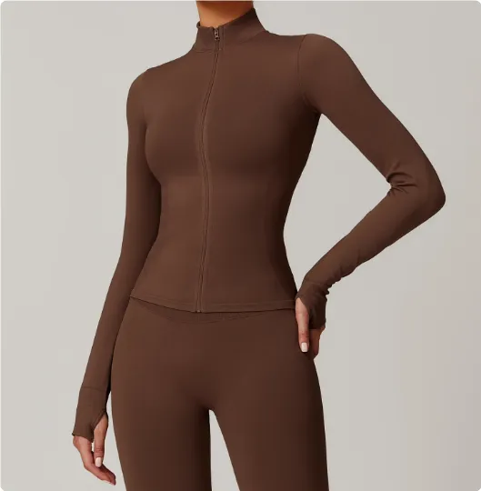 Stand Collar Zipper Yoga Clothes Warm Top Sports Running Jacket Brown - Shop at LoveMi