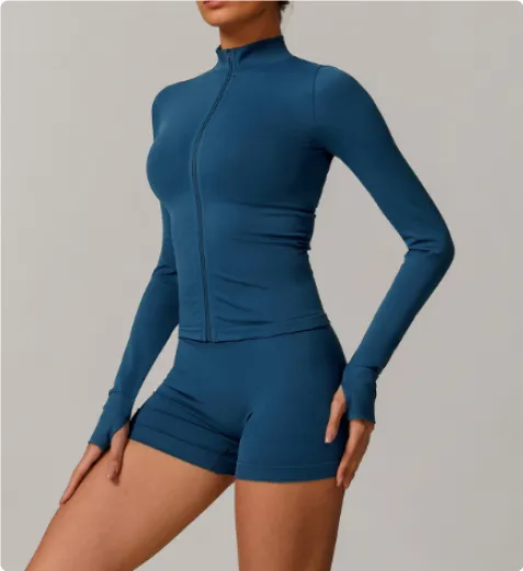 Stand Collar Zipper Yoga Clothes Warm Top Sports Running Jacket Navy Blue - Shop at LoveMi